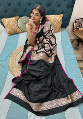 Luxury Black Banarasi Katan Silk Saree With Rani Pink Border