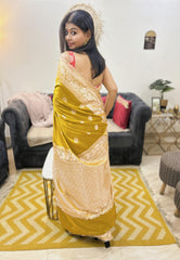 Luxury Neon Green Banarasi Mashru Silk Saree With Lace Border