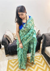 Elegant Green Blue Linen Saree With Authentic Ajrakh Craft