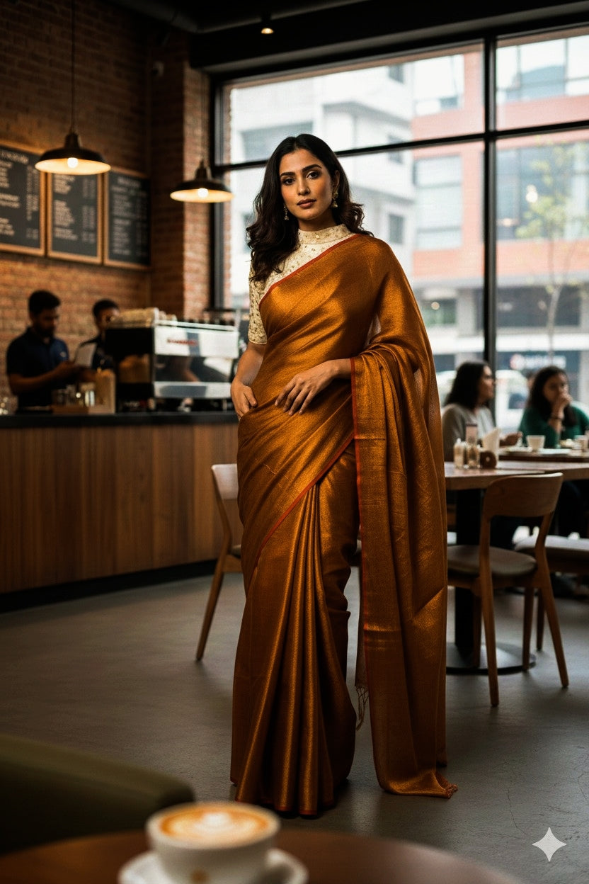 Sharini - Deep Copper Soft Tissue Saree with Red Border