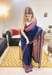 Premium Ink Blue Crape Silk Saree With Elegant Print