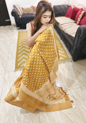 Elegant Maheshwari Cotton Silk Saree With Mustard Gold Tones