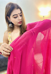 Luxury Rani Pink Bengal Loom Saree With Elegant Mirror Work