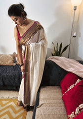 Ivory Handloom Mul Saree With Minimalist Heritage Weaving