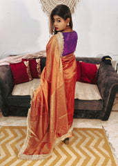 Premium Rust Tissue Silk Saree With Elegant Zari Border