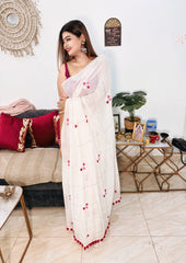White Mul Cotton Saree With Artisan Pink Kantha Detailing