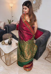 Luxury Maroon Kanjivaram Silk Saree With Emerald Zari Border