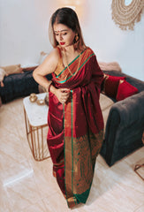 Luxury Maroon Kanjivaram Silk Saree With Emerald Zari Border