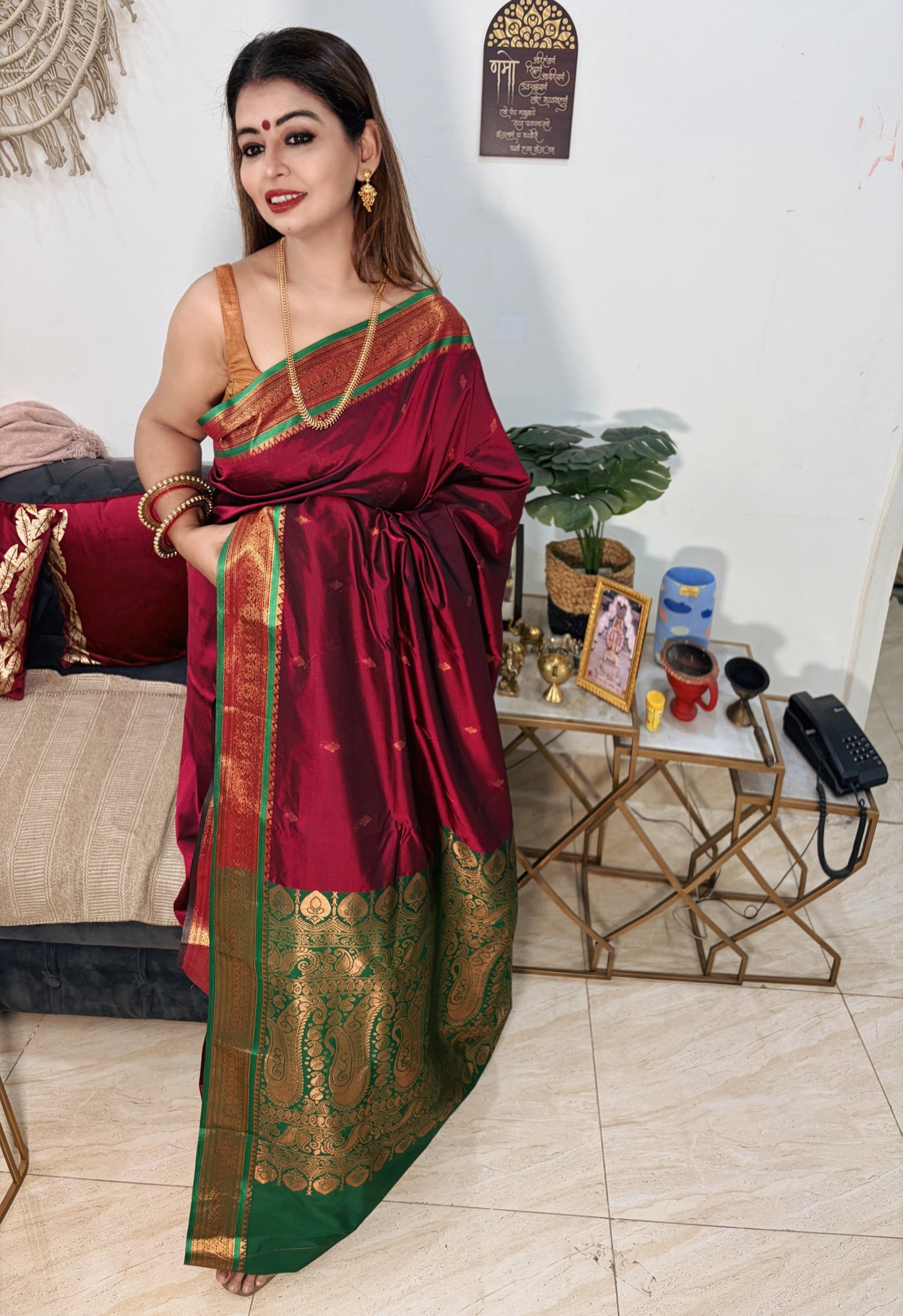 Royal Maroon & Green Kanchipuram Silk Saree with Zari Border