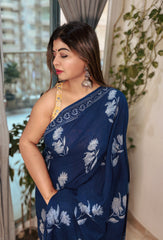 Neel Vruksha Ajrakh Handblock Mul Saree