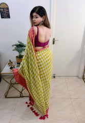 Lime Rose Checks Pure Handloom Mul Saree