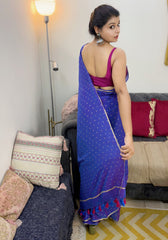Dual Tone Blue Bengal Handloom Mul Saree with Golden Polka Dot Print