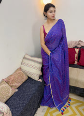 Dual Tone Blue Bengal Handloom Mul Saree with Golden Polka Dot Print