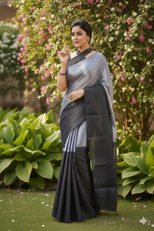 Noir Gleam – Silver & Black Dual Tone Soft Tissue Saree