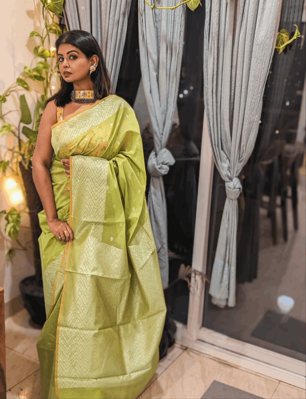 Lime Glow Banarasi Chanderi Sico Saree