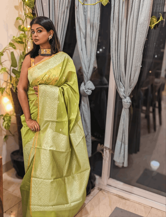 Lime Glow Banarasi Chanderi Sico Saree