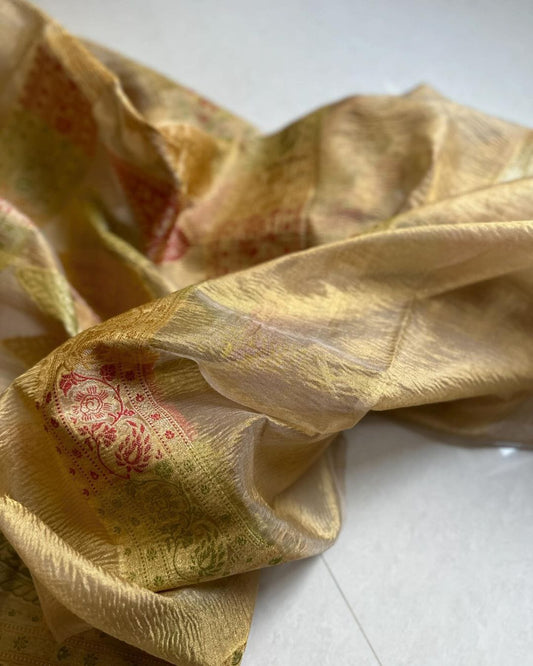 Golden Glow Crushed Tissue Meenakari Saree