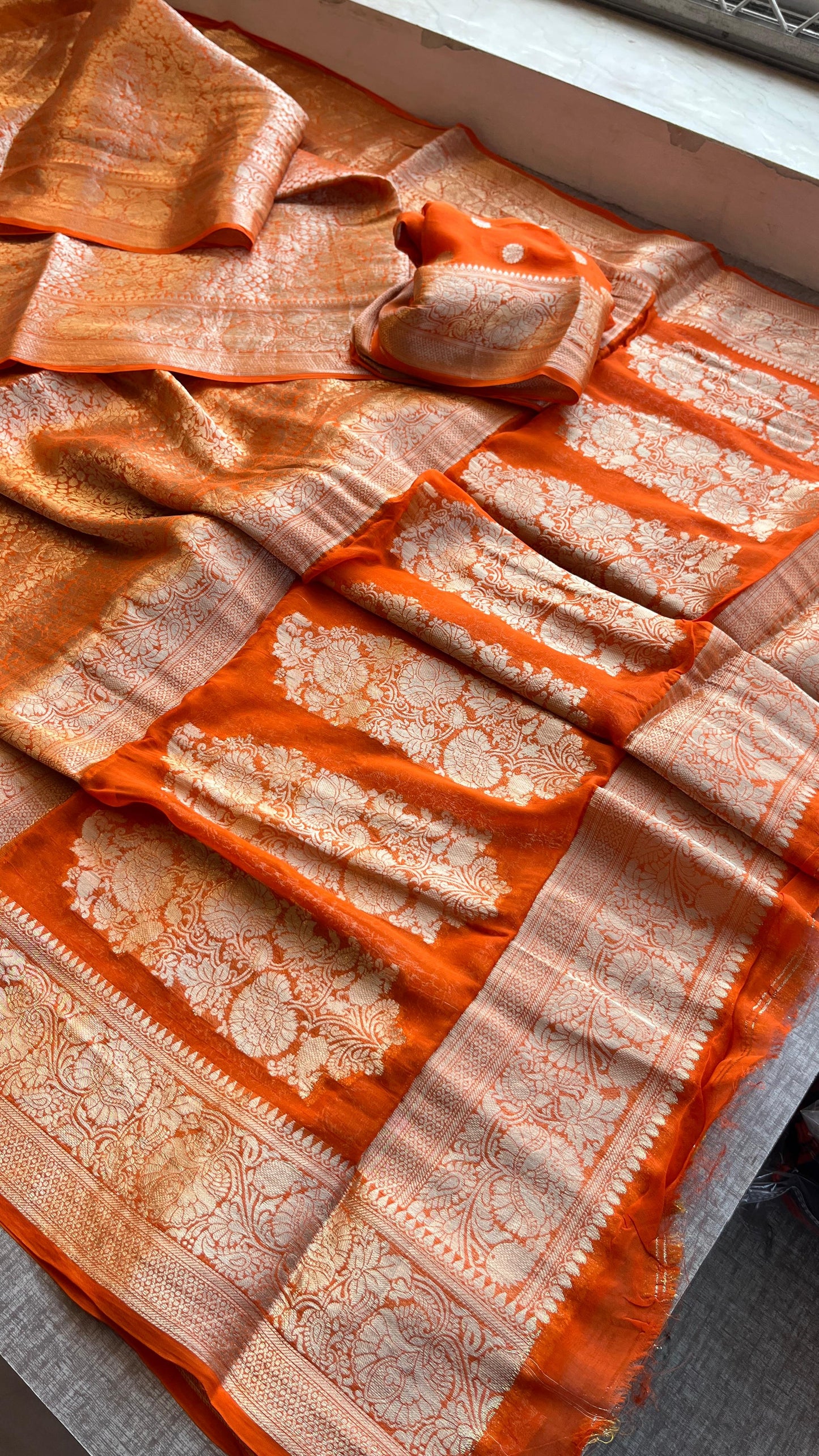 Radiant Glow Orange Khaddi Chiffon Georgette Banarasi Saree