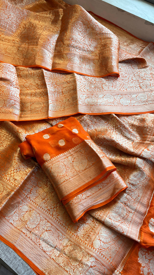 Radiant Glow Orange Khaddi Chiffon Georgette Banarasi Saree