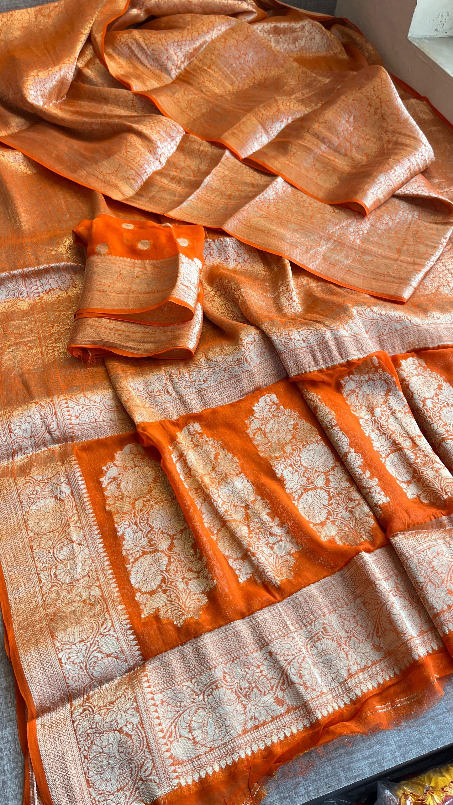 Radiant Glow Orange Khaddi Chiffon Georgette Banarasi Saree