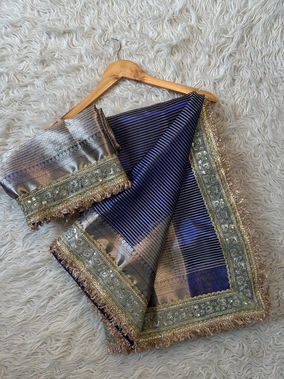 Royal Blue Banarasi Tissue Saree with Waterfall Lace Work