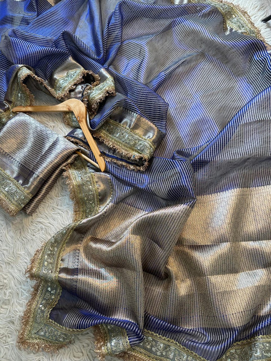 Royal Blue Banarasi Tissue Saree with Waterfall Lace Work