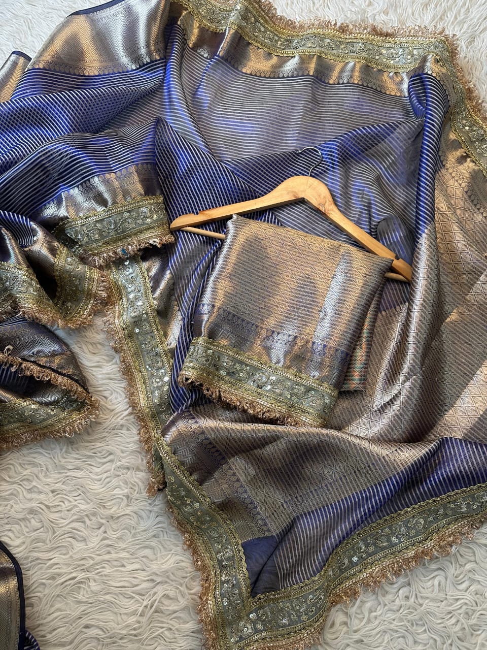 Royal Blue Banarasi Tissue Saree with Waterfall Lace Work