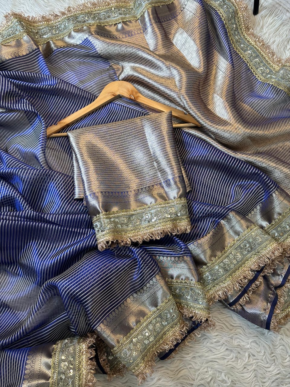 Royal Blue Banarasi Tissue Saree with Waterfall Lace Work