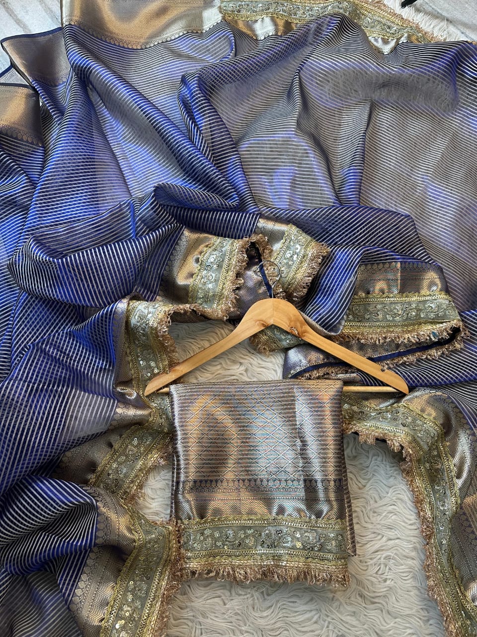 Royal Blue Banarasi Tissue Saree with Waterfall Lace Work