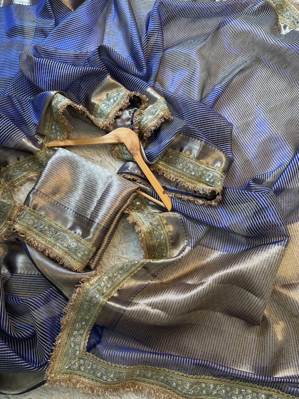 Royal Blue Banarasi Tissue Saree with Waterfall Lace Work