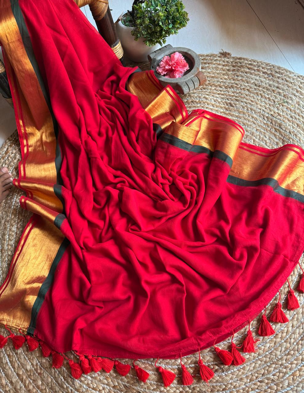 Lalima – Pure Red Mul Saree with Golden Elegance