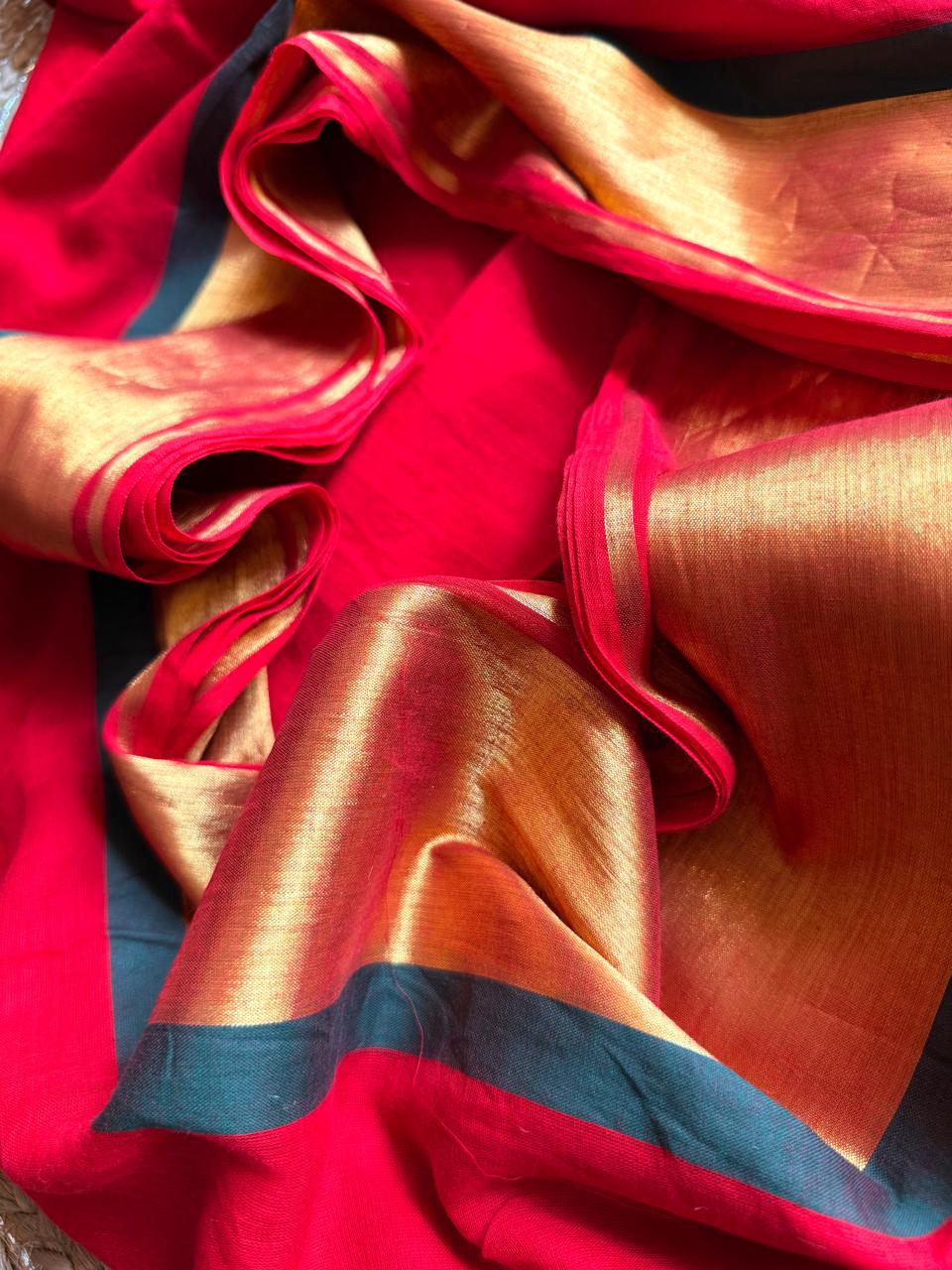 Lalima – Pure Red Mul Saree with Golden Elegance