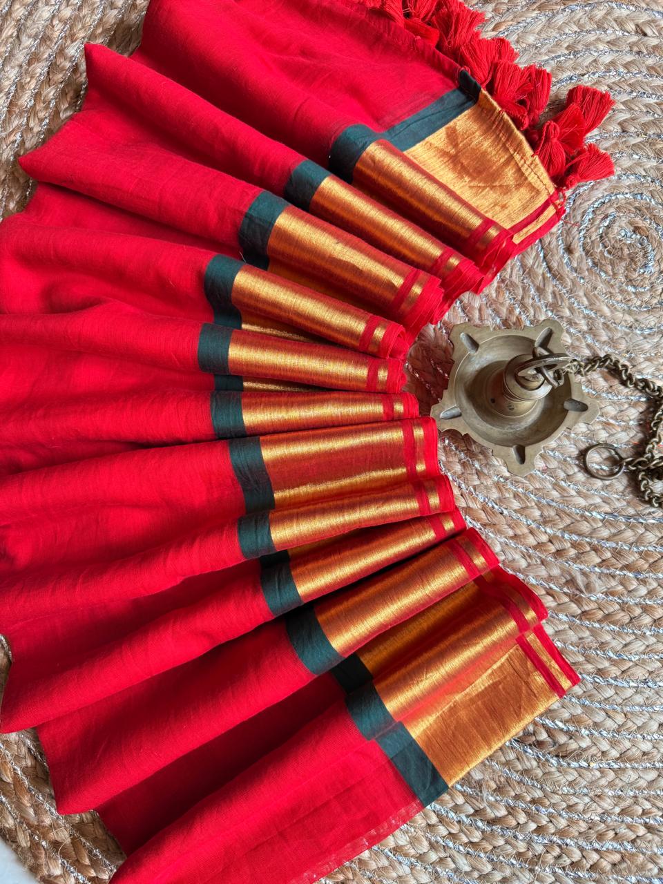 Lalima – Pure Red Mul Saree with Golden Elegance