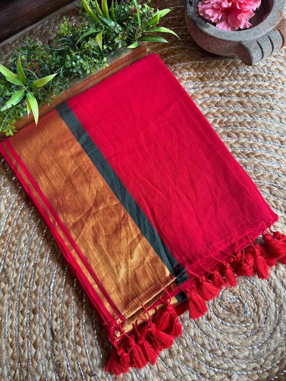 Lalima – Pure Red Mul Saree with Golden Elegance