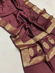 Premium Bronze Brown Semi Katan Silk Saree With Rich Antique Zari Border