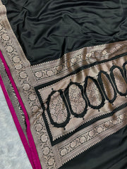 Luxury Black Banarasi Katan Silk Saree With Rani Pink Border