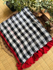 Black & White Bengal Mul Cotton Check Saree with Red Border