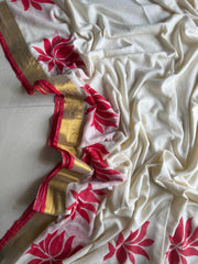 Off-White Bengal Mul Cotton Saree with Red Lotus Block Print & Zari Border
