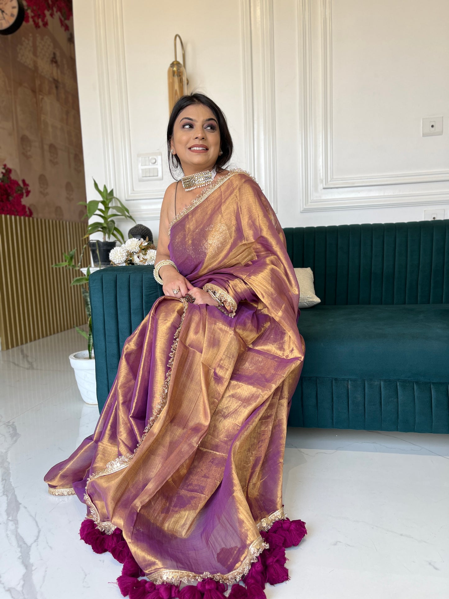 Regal Glow Copper Purple Tissue Saree