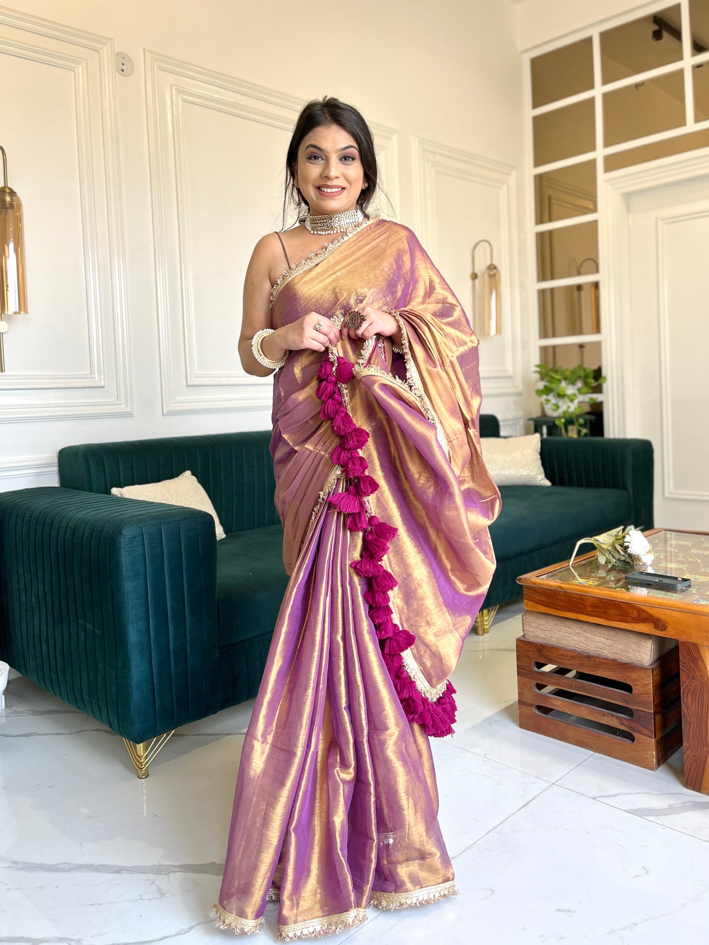 Regal Glow Copper Purple Tissue Saree