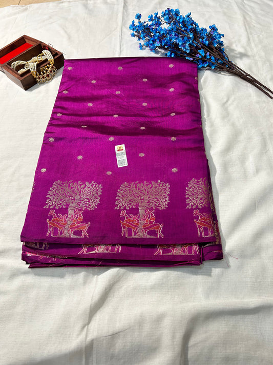 Royal amethyst raw mango silk saree with intricate gold tree motifs and dotted pattern, festive banarasi design.