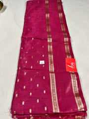 Blush pink Maheshwari LIVA saree in cotton silk with gold zari motifs and border.