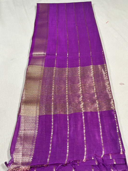Purple Maheshwari LIVA saree with gold zari border and vertical gold stripes on cotton silk fabric.