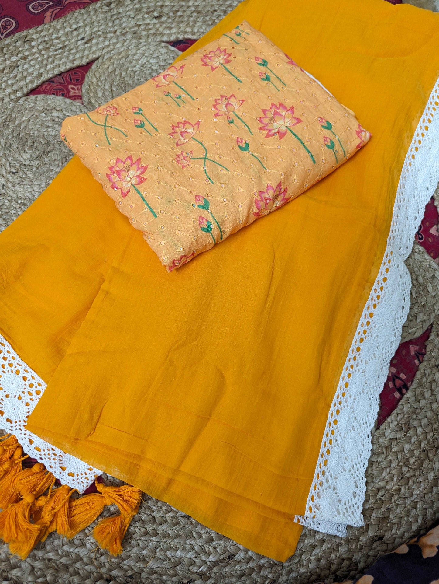 Sunflower Radiance Pure Mul Saree with Crochet Lace and Hakoba Blouse