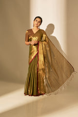 Golden Tissue Saree with Heritage Red Border