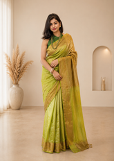 Leafy Green Crushed Tissue Banarasi Saree