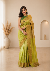 Leafy Green Crushed Tissue Banarasi Saree