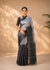 Noir Gleam Soft Tissue Saree With Metallic Silver Black Weave