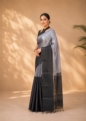 Noir Gleam Soft Tissue Saree With Metallic Silver Black Weave