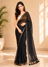 Black Mul Cotton Saree with Sitara Embellishment